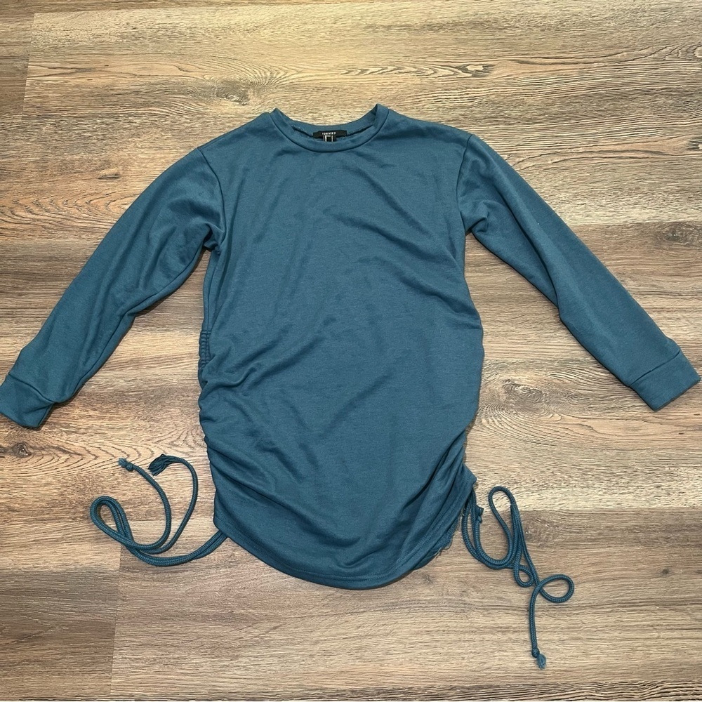 Forever 21 Teal Blue Long Sleeve Sweater Dress with Ruched Ties on Side Small